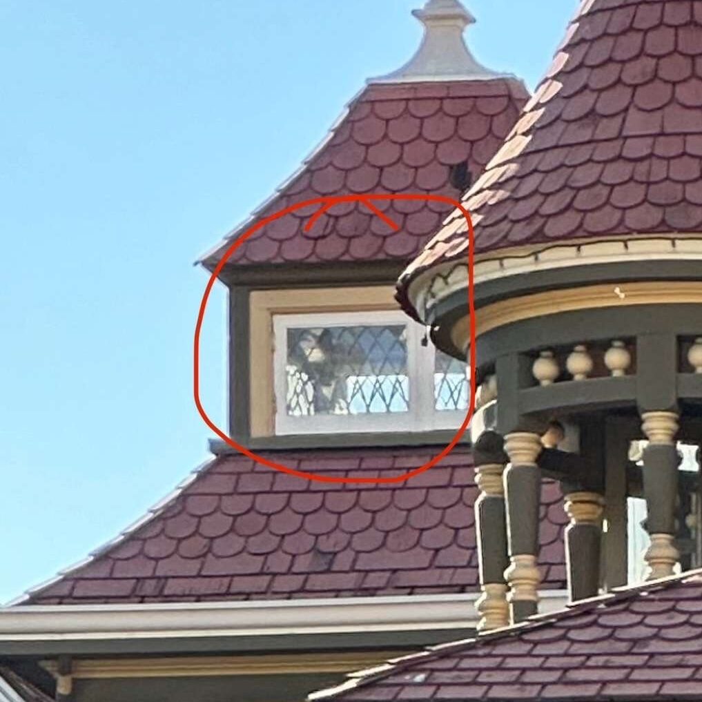 This photo was shared by Jackie C. from California, who visited in October 2024. She noticed a figure behind one of the windows on the upper left side of her photo, which looks to her like a man in a suit and hat.